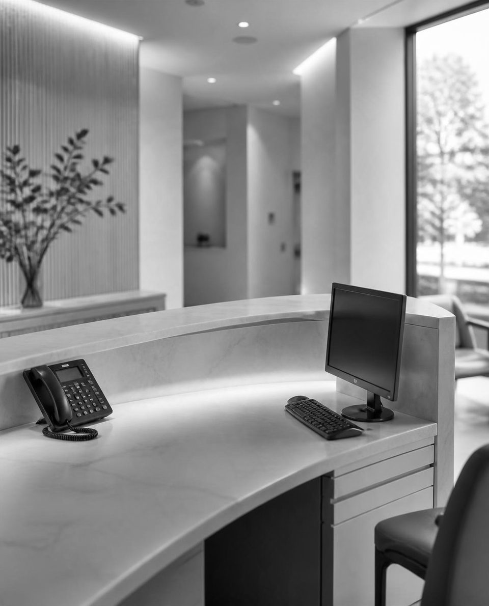A modern dental reception desk with a phone and computer